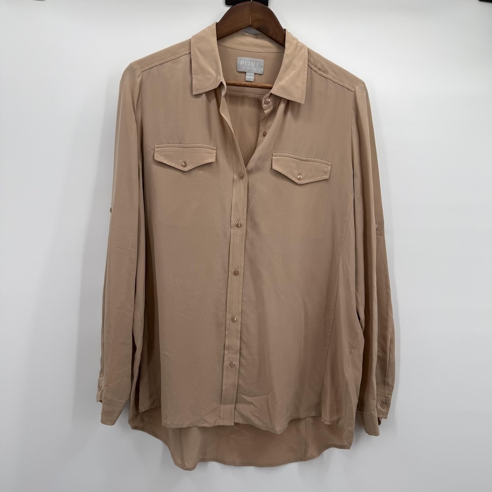 Pure Collection Blouse Womens 8 Beige Silk Button Front Tunic Top Long Sleeve